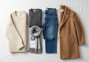 Photo of overhead shot of a stylish winter wardrobe with a beige knitted sweater, grey scarf, jeans, and a camel coat isolated on white background