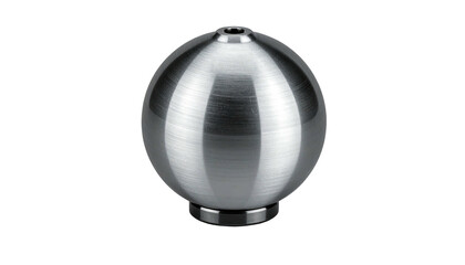 Silver metal sphere atop a small circular base on a black background; surface scratches visible