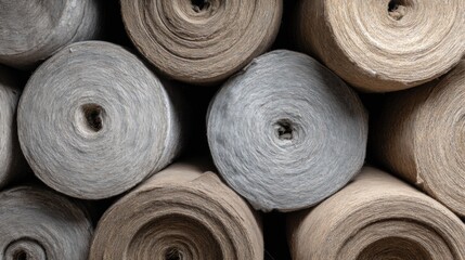 Group of rolls of fabric or yarn. the rolls are arranged in a pile and are of different sizes and colors.