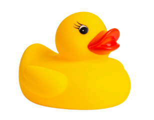 Gelbe Gummiente isoliert auf weißem Hintergrund – Freisteller, Spielzeug, Transparent