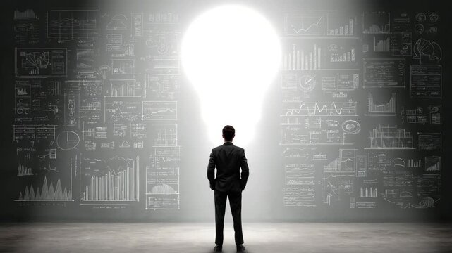 Businessman Standing in front of black, shape of bulb light, Business plan and various graph in black wall concept