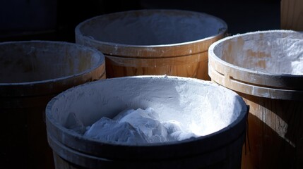 Three wooden barrels stacked on top of each other. the barrels are made of wood and appear to be old and weathered.