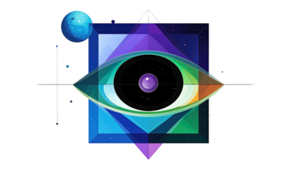Stylized eye with rainbow colors, cosmic pupil, geometric shapes, and a planet against a black background