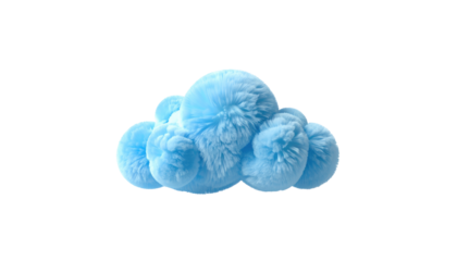 A fluffy, sky-blue cloud-like object constructed from interconnected pom-poms, isolated against a black background