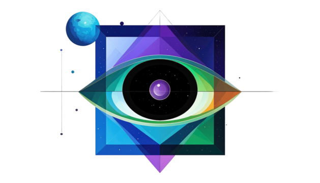 Stylized eye with rainbow colors, cosmic pupil, geometric shapes, and a planet against a black background