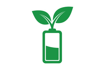 Green energy concept with battery and growing leaves, vector art, symbolic Logo