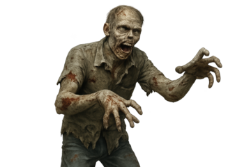 Pale male zombie with decayed skin, tattered shirt, reaching clawed hands