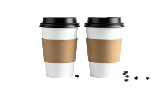 Two white paper coffee cups with black lids, tan sleeves, and scattered coffee beans against a black background