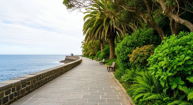 Scenic oceanfront promenade lined with lush greenery and palm trees offers a tranquil escape