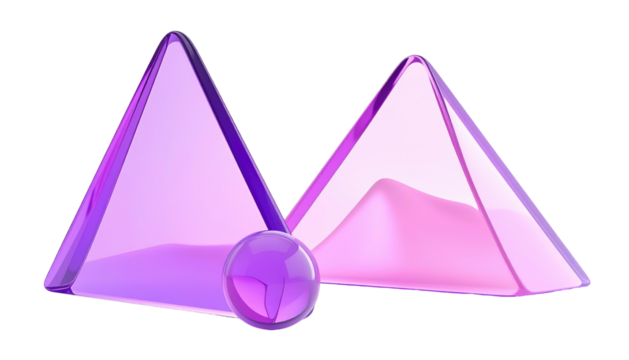 Two purple glass triangles with a sphere in the foreground against a black background