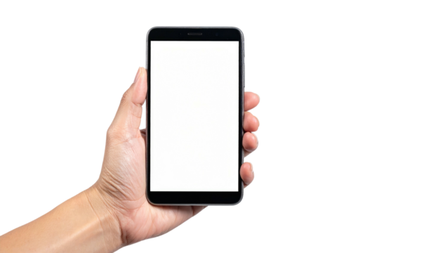 A hand holds a black smartphone with a blank white screen against a stark black background, presented in a portrait view