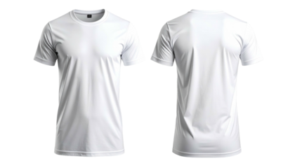 Front and back view of a crisp white t-shirt, simple round neck, short sleeves, detailed shading, black background