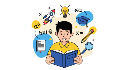 Young Student Immersed in Learning A Colorful Illustration Depicting Education and Knowledge