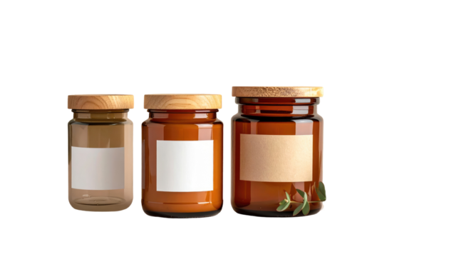 Three amber glass jars with wooden lids stand in a row against a stark black background with a tiny sprig