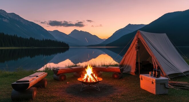 A campfire burning at dusk next to a lake and mountains - Powered by Adobe