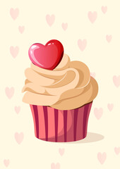 Cupcake with a pink heart. Valentine's Day sweet. Vector.
