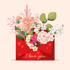 A red envelope with flowers. A Valentine's Day greeting card. I love you.