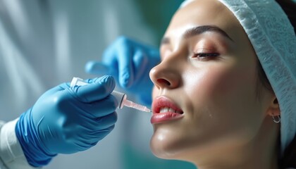 Pro injects filler into woman lips in aesthetic clinic. Doctor performs lip augmentation procedure. Rejuvenation treatment with hyaluronic acid. Beauty, skincare, healthcare.