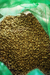 Close-up of Freshly Packed Green Coffee Beans in Protective Green Packaging for Optimal Aroma Preservation
