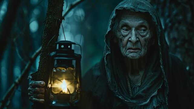 old witch standing in a dark forest Videos