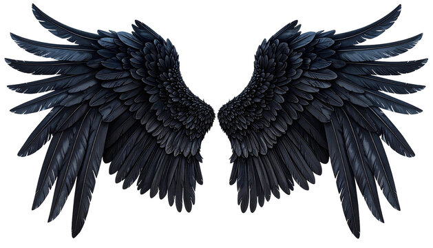 Detailed dark bird wings spread wide against black backdrop