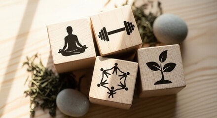 Holistic wellness concept with wooden blocks — highlighting healthy lifestyle, exercise, mindfulness, and community support