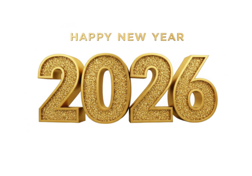 Happy new year 2026 golden text isolated on transparent background holiday greeting card design element for festive decoration