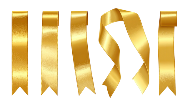 Six gold ribbons with varying folds on a black background