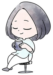 飲み物を飲んでリラックスする女性の水彩イラスト