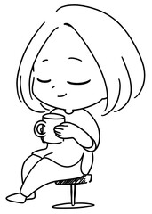 飲み物を飲んでリラックスする女性の線画イラスト