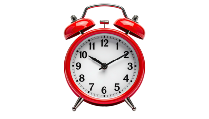 Red alarm clock face with black hands, simple and retro