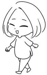 散歩する女性の線画イラスト