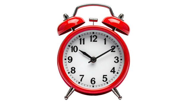 Red alarm clock face with black hands, simple and retro