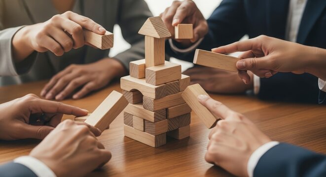 Conceptual teamwork with wooden blocks — symbolizing empathy, partnership, and effective workplace leadership - Powered by Adobe