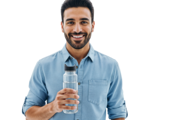 Man holds a clear water bottle and smiles in a casual setting during the day, showcasing a refreshing moment of hydration