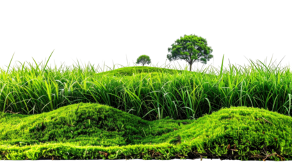 Verdant grassy hill with distant trees on a transparent background