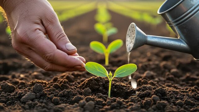 Close-up of hand watering seedlings in a field, selective focus on one plant