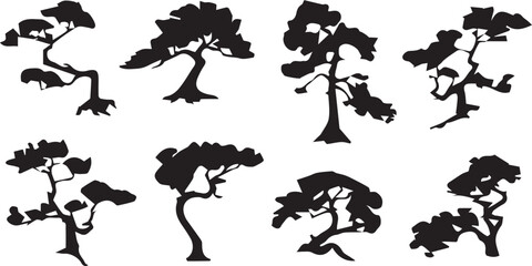Set of Abstract Gnarled Tree Silhouettes in Japanese Style Vector