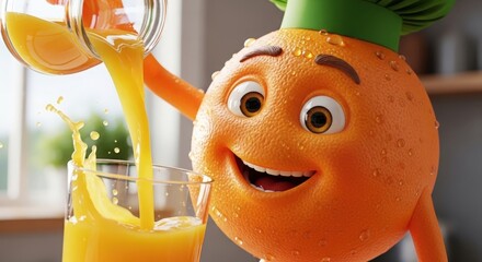 Cheerful anthropomorphic orange pouring fresh juice — symbolizing health, refreshment, and vitality