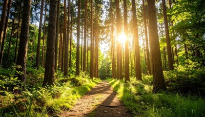 Beautiful Forest Woods Path Surrounded by Lush Greenery and Sunlight Beams Highlighting Trees in Natural Outdoor Environment
