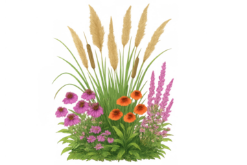 Garden floral arrangement with pampas grass, wildflower, and coneflower, creating a natural botanical design on transparent background