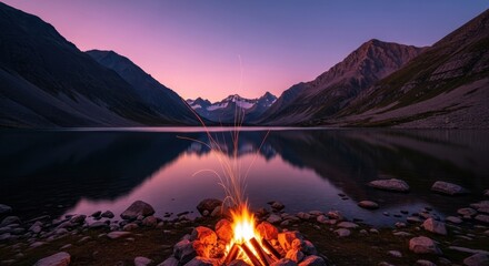 Campfire burning on rocky shore with mountains in background