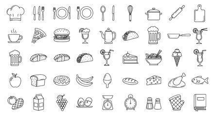 Collection of hand drawn food and drink icons representing a variety of culinary delights and beverages