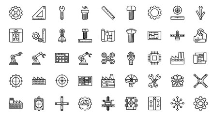 Collection of hand drawn industrial icons representing manufacturing engineering technology and mechanical components