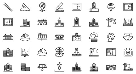 Collection of hand drawn architectural building icons representing construction industry and urban development concepts