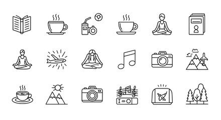 Collection of hand drawn doodle icons representing relaxation hobbies and leisure activities