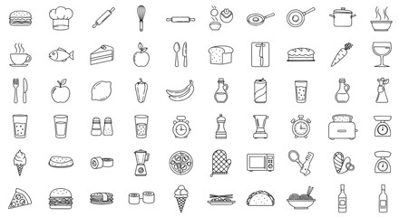 Collection of hand drawn sketchy icons representing food drinks and kitchen utensils in a grid layout