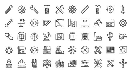 Collection of hand drawn industrial and mechanical engineering icons and symbols in a clean outline style