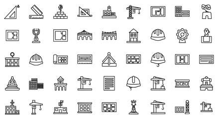Collection of hand drawn architectural icons representing buildings construction engineering and design elements