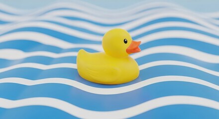 Bright yellow rubber duck floating on blue and white striped waves — symbolizing fun, playfulness, and childhood joy